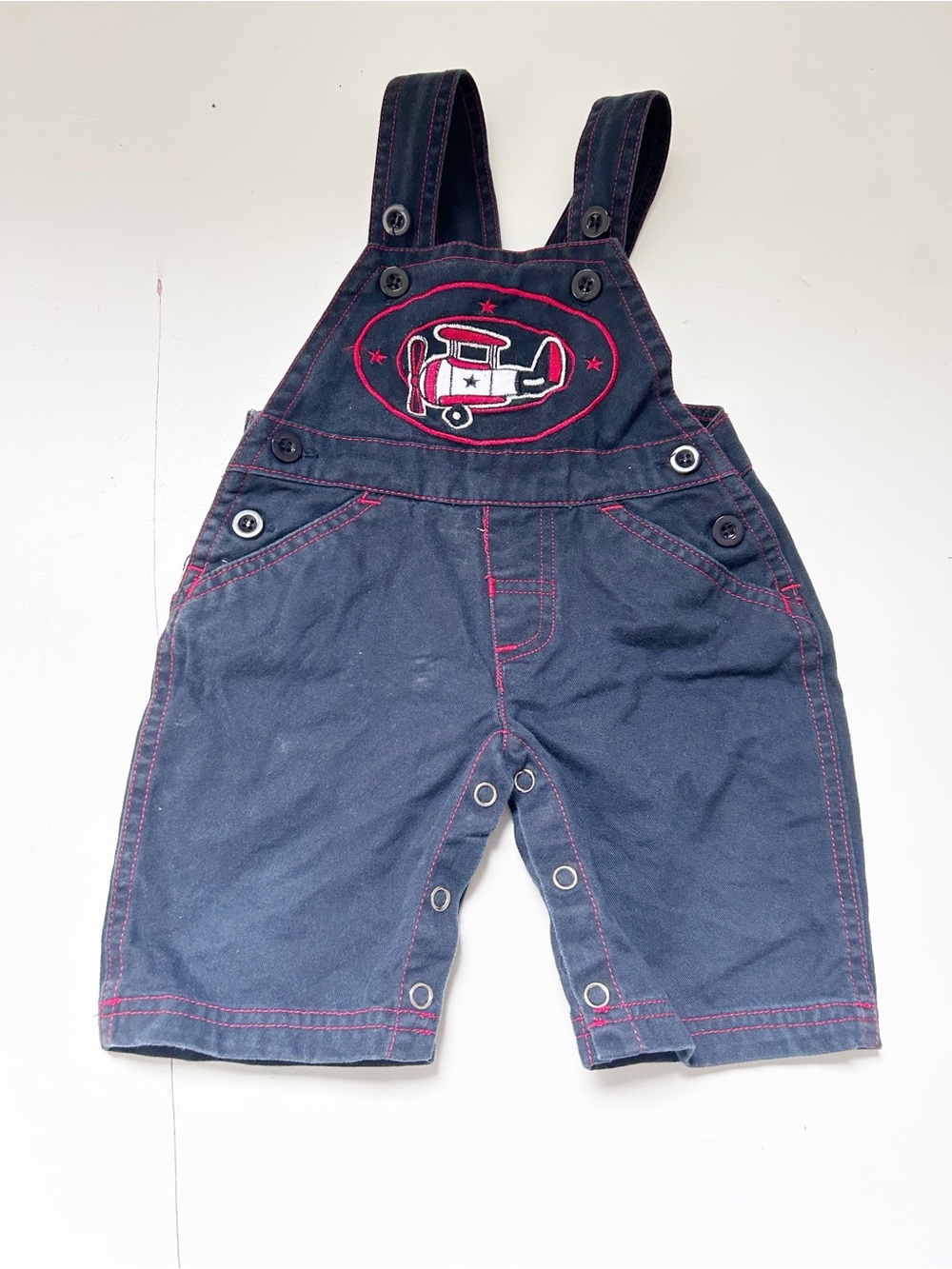 Vintage Navy Blue Baby Overalls with Red Plane Embroidery Size 3/6 Months Cotton